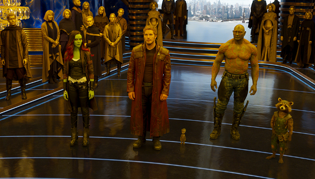 Guardians Of The Galaxy Vol. 2 L to R: Gamora (Zoe Saldana), Star-Lord/Peter Quill (Chris Pratt), Groot (Voiced by Vin Diesel), Drax (Dave Bautista), and Rocket (Voiced by Bradley Cooper) Ph: Film Frame ©Marvel Studios 2017